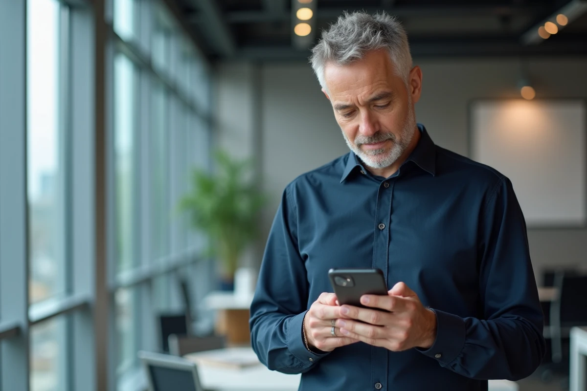Homme d'affaires paramétrant son application de messagerie Ia87 sur iPhone dans un bureau moderne
