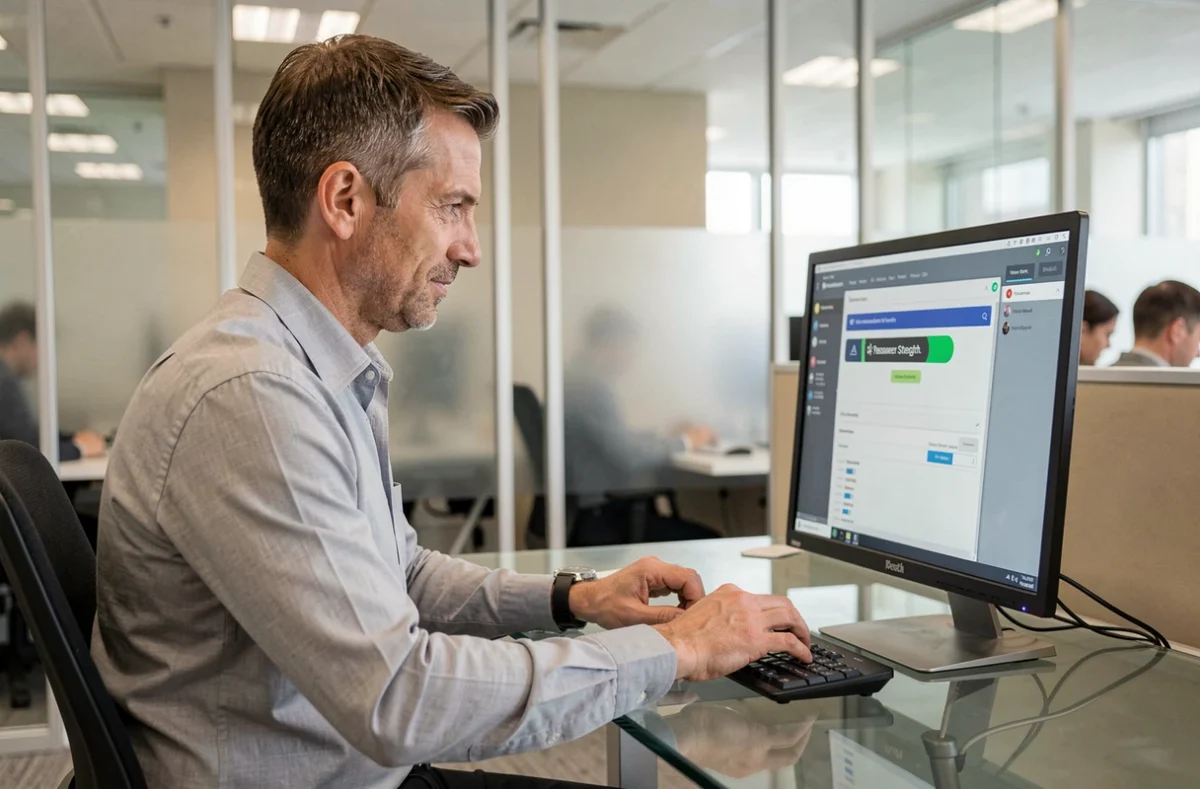 Homme configurant les paramètres de sécurité d'un compte email Yahoo dans un bureau professionnel