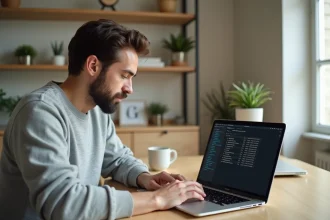 Homme utilisant l'utilitaire de disque macOS pour partitionner un SSD en vue d'un dual boot Windows