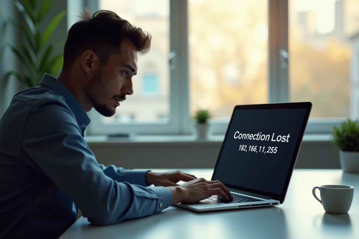 Personne frustrée devant un ordinateur avec erreur de connexion