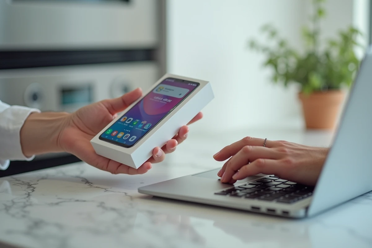 Mains tenant le packaging du Samsung Galaxy S25 tout en finalisant une précommande en ligne sur ordinateur portable