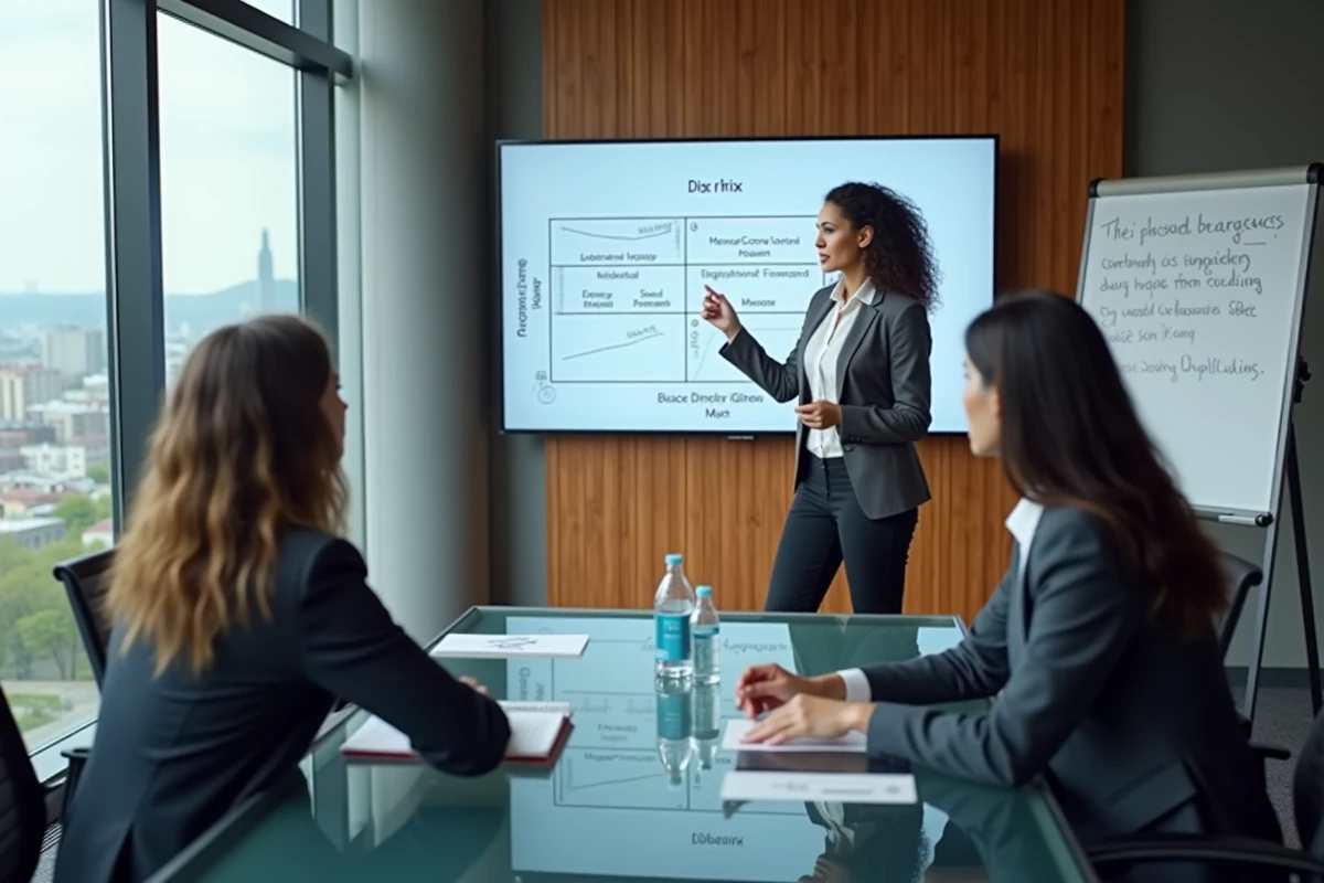 Professionnelle en sécurité informatique présentant une matrice des risques lors d'une réunion en salle de conférence