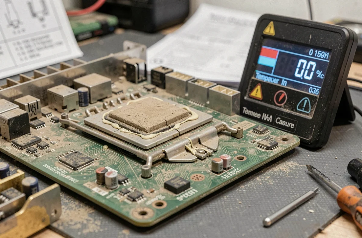 Gros plan d'un processeur avec pasta thermique craquelée et ventilateur encrassé, symptômes de surchauffe PC