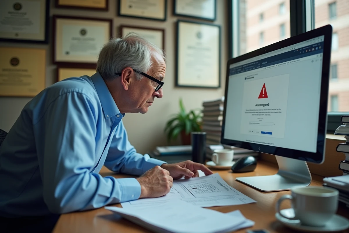 Professeur consultant un message d'erreur de connexion sur le webmail universitaire depuis son bureau