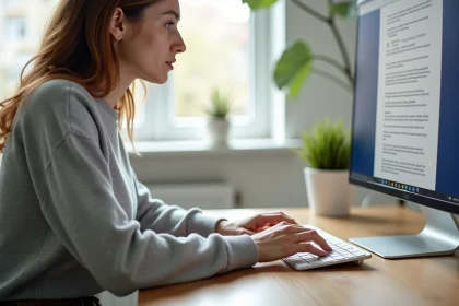 Femme utilisant les raccourcis clavier flèches sur un clavier mécanique devant un document Word ouvert sur écran