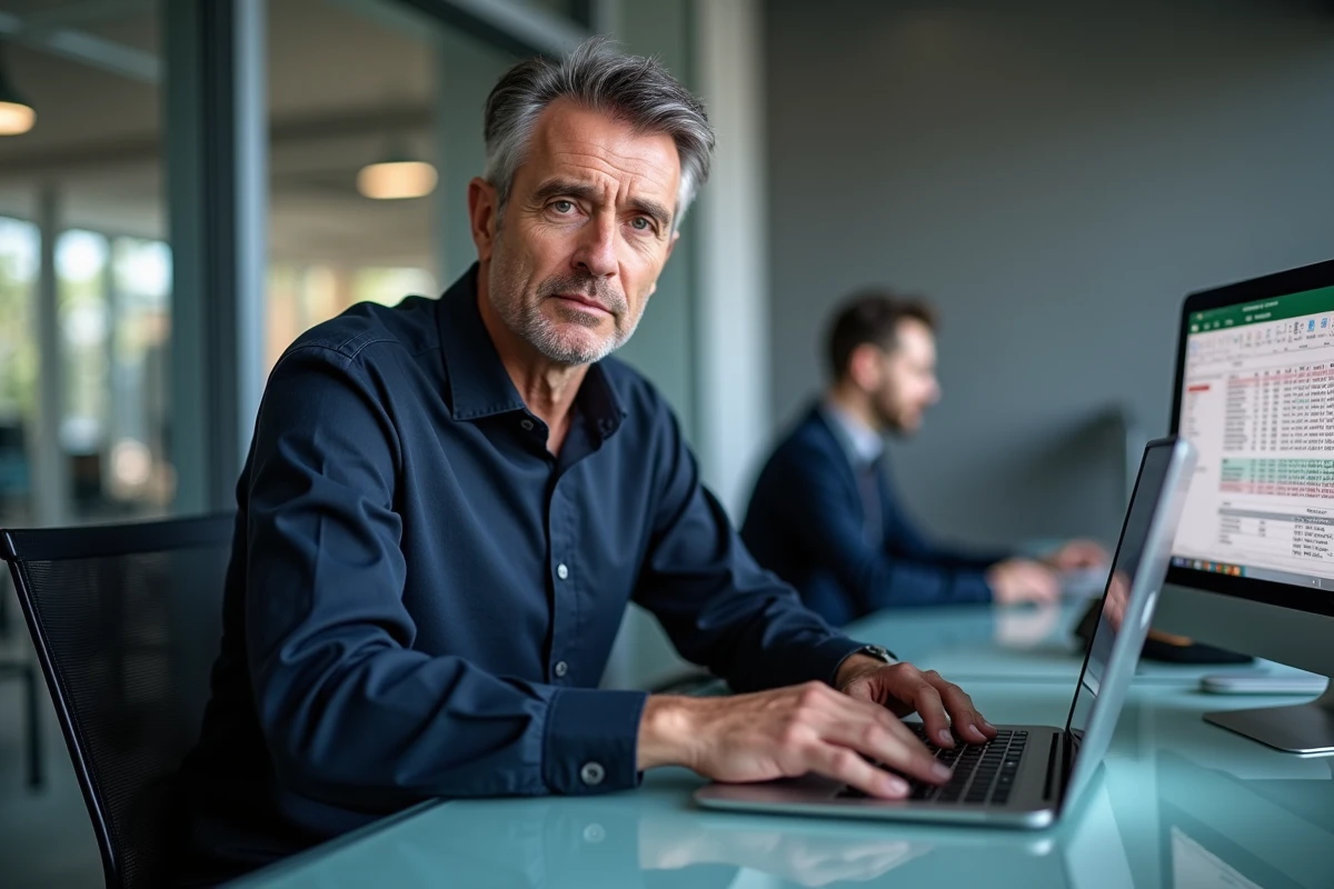 Homme naviguant dans un tableau Excel avec les touches fléchées d'un clavier dans un bureau en open space