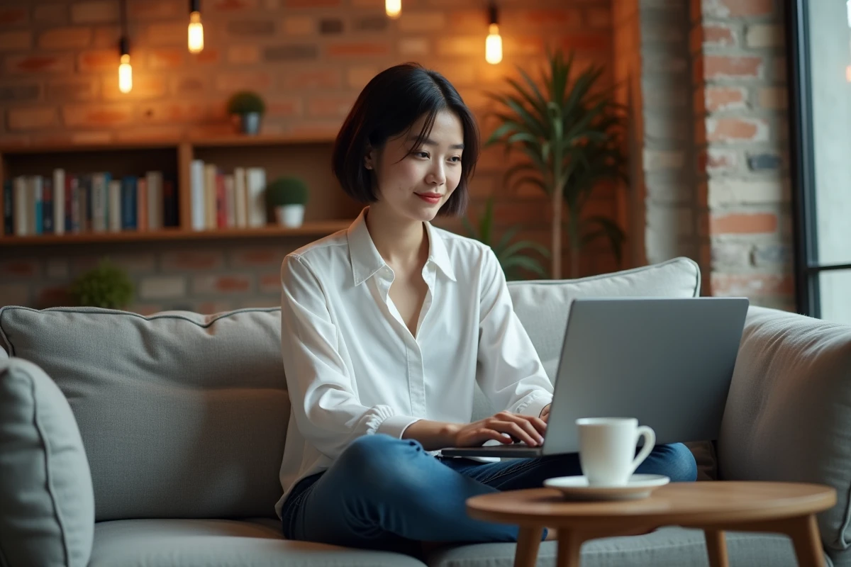 Jeune femme travaillant sur une présentation PowerPoint avec des raccourcis flèches dans un espace de coworking