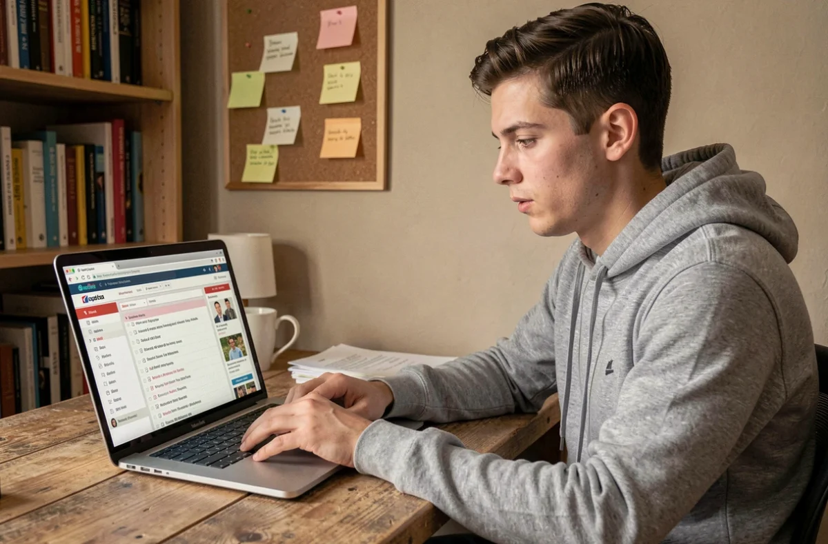 Jeune homme recherchant un ancien pseudo sur un forum JVC archivé via un laptop dans un bureau à domicile