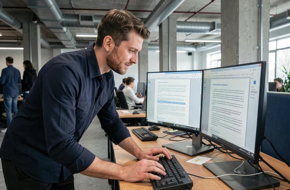 Rédacteur web comparant des contenus reformulés sur deux écrans dans un espace de coworking