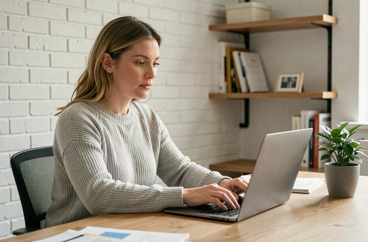Femme utilisant un reformulateur SEO gratuit sur son ordinateur portable dans un bureau à domicile moderne