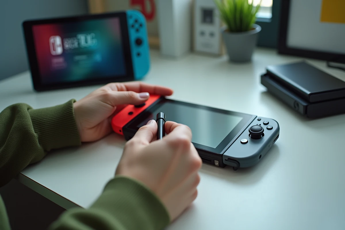 Gros plan sur les mains appuyant sur le bouton de synchronisation d'une manette Joy-Con Nintendo Switch lors d'un diagnostic