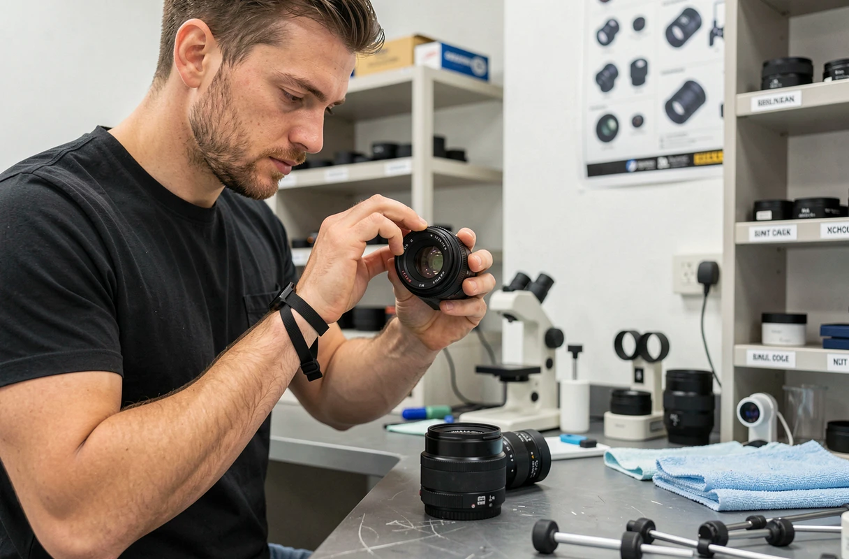 Technicien spécialisé réparant et nettoyant un objectif photographique dans un atelier équipé à Lens