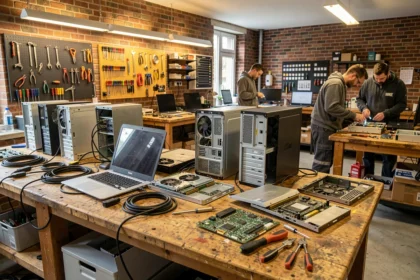 Atelier de réparation informatique professionnel dans le Pas-de-Calais avec plusieurs techniciens travaillant sur des ordinateurs démontés