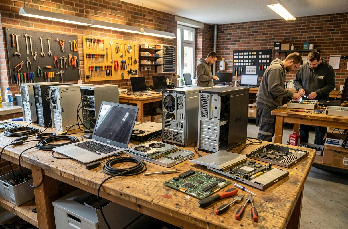 Atelier de réparation informatique professionnel dans le Pas-de-Calais avec plusieurs techniciens travaillant sur des ordinateurs démontés