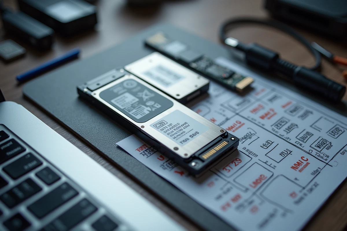 Vue aérienne de disques SSD et d'un schéma de partition annoté pour organiser un dual boot macOS Windows