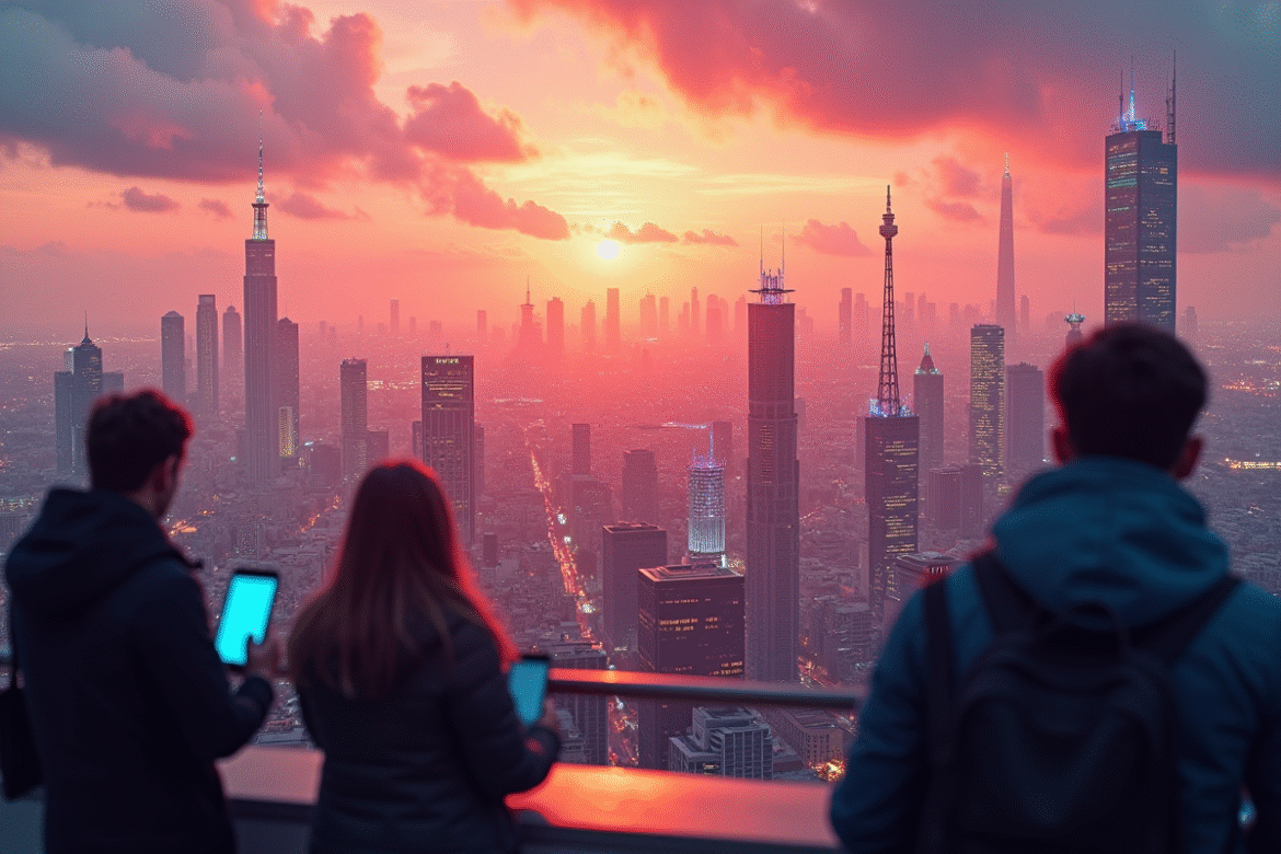 Ciel urbain futuriste au coucher du soleil avec antennes 5G et personnes utilisant smartphones
