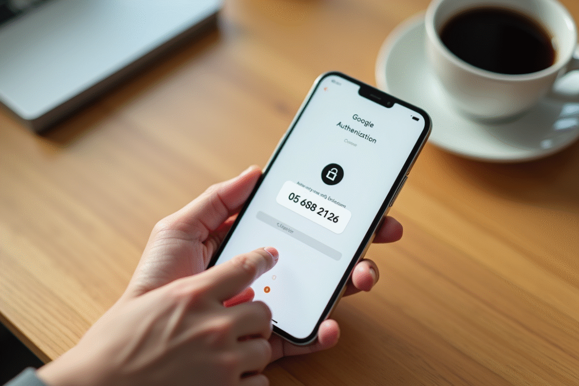 Smartphone affichant un code Google 6 chiffres sur un bureau lumineux