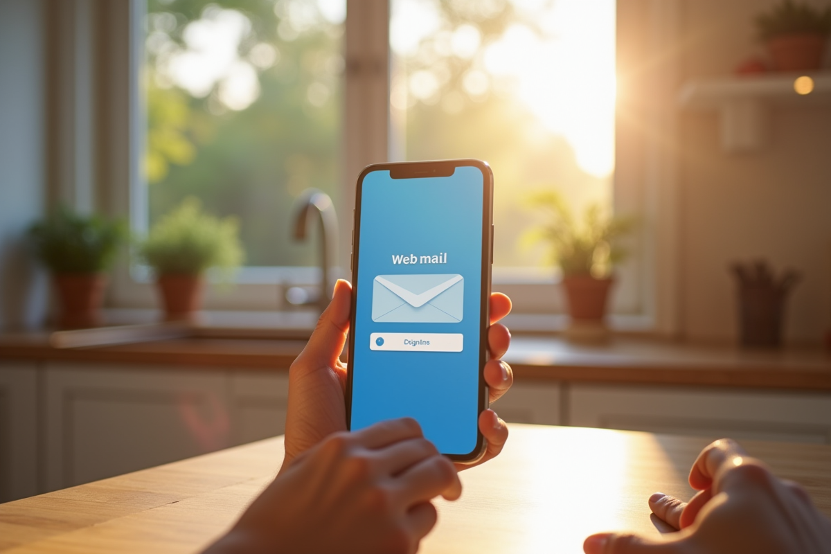 Main atteignant un smartphone avec une page de connexion webmail
