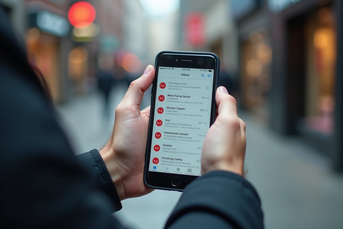 Mains tenant un smartphone affichant des emails spam dans une boîte mail Free en environnement urbain