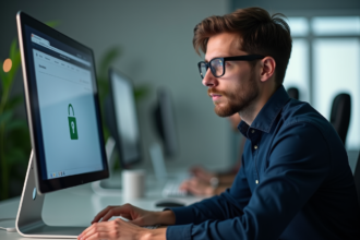 Jeune homme en informatique vérifiant un cadenas vert sur son écran