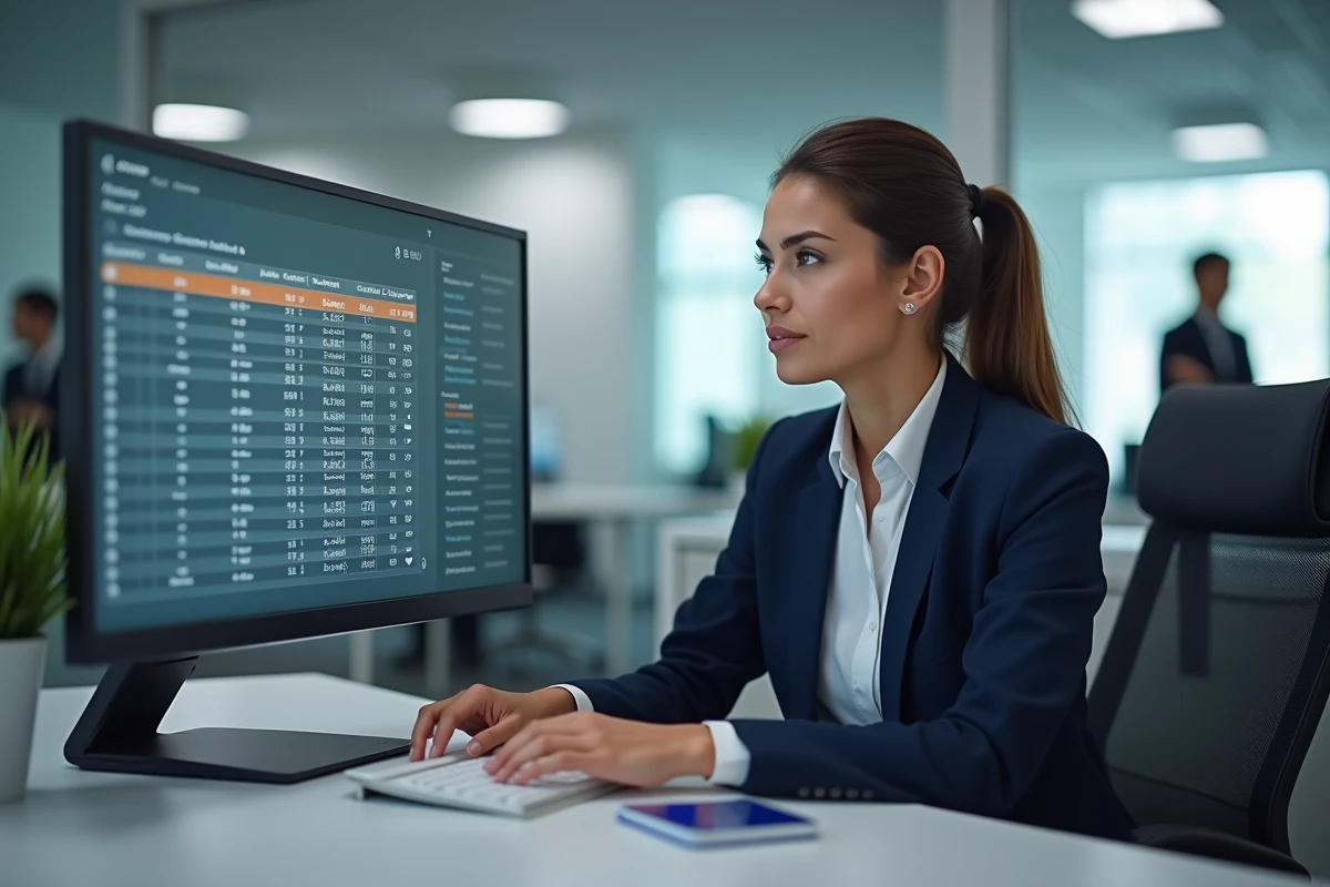 Femme professionnelle analysant une base de données clients avec doublons sur Excel dans un bureau moderne