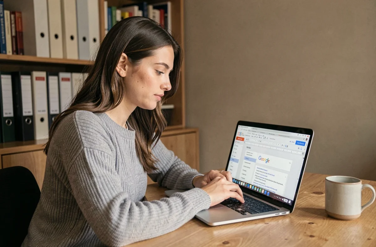 Jeune femme créant une table des matières sur Google Docs depuis son bureau à domicile