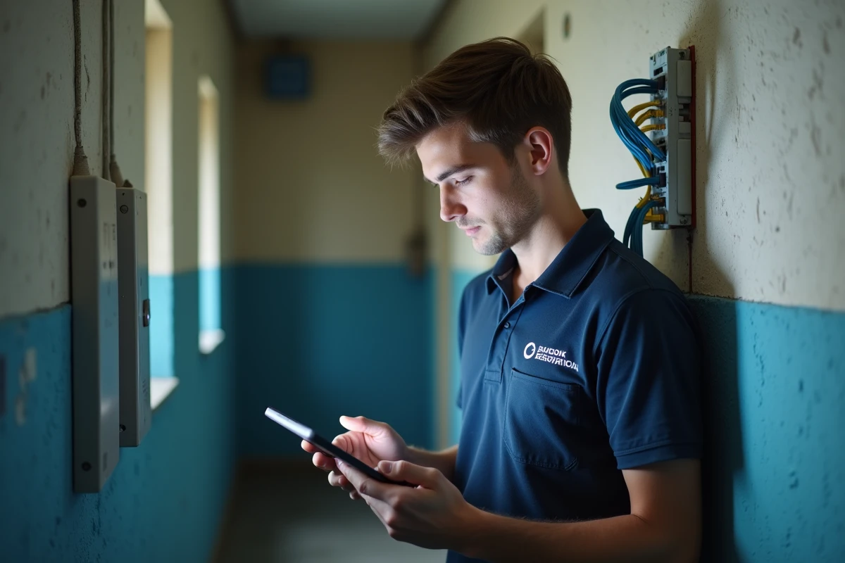 Technicien vérifiant la configuration d'une connexion fibre optique dans un couloir résidentiel