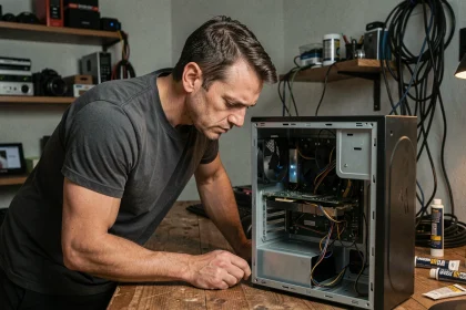 Technicien inspectant l'intérieur d'un PC de bureau ouvert sur un établi, signe de diagnostic de surchauffe