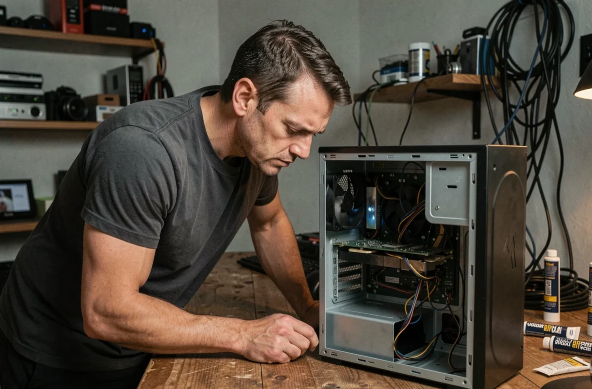 Technicien inspectant l'intérieur d'un PC de bureau ouvert sur un établi, signe de diagnostic de surchauffe