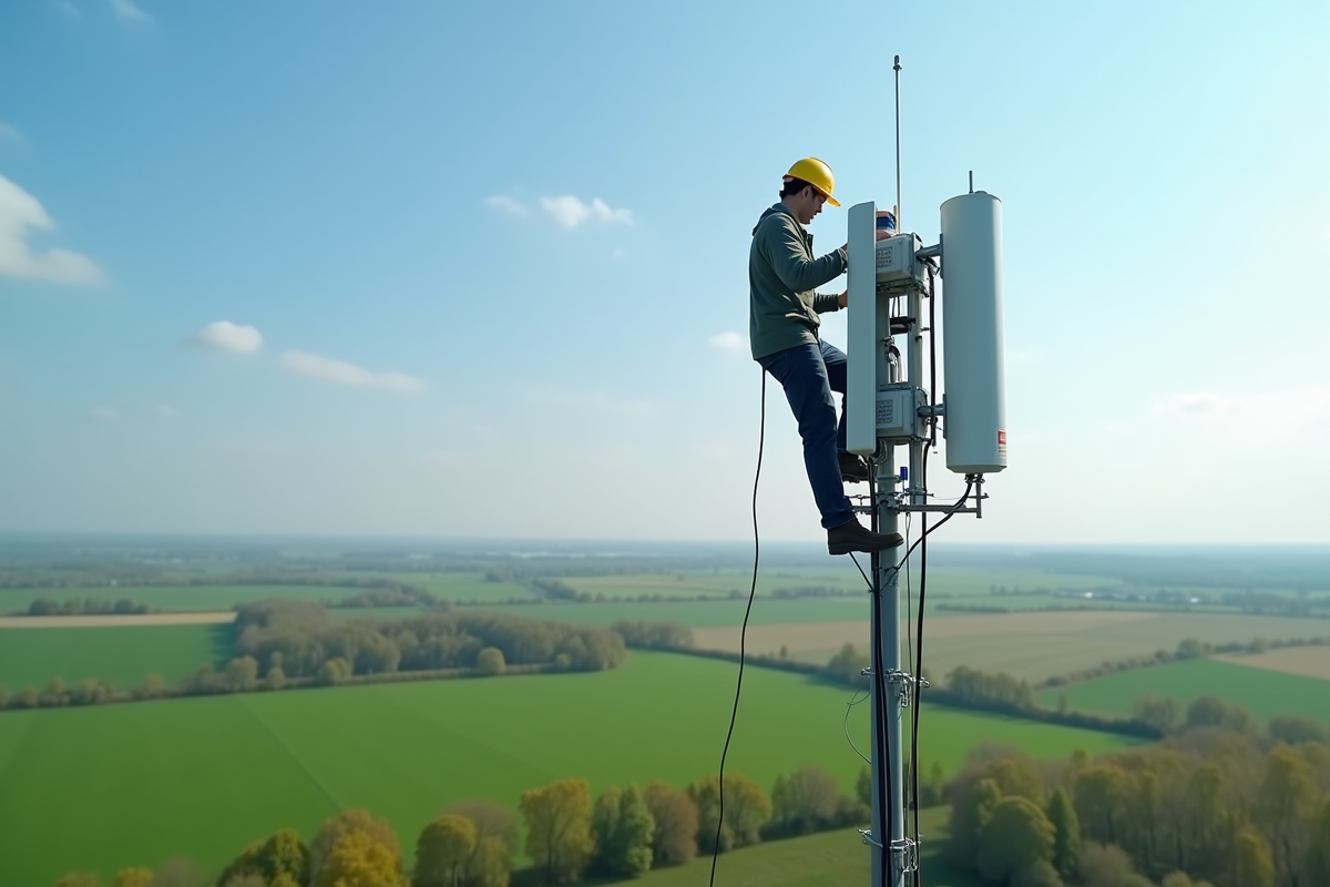 Technicien posant une antenne 5G sur une tour rurale avec champs verts en arrière-plan