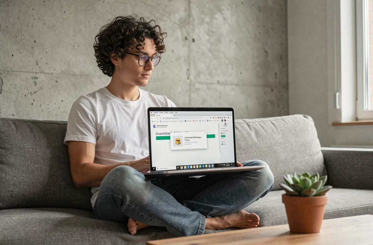 Jeune homme téléchargeant des fichiers sur son ordinateur portable avec une protection antivirus active sur le canapé