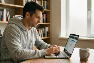 Homme utilisant un ordinateur portable pour télécharger des fichiers en toute sécurité avec de bonnes pratiques numériques