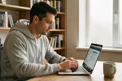 Homme utilisant un ordinateur portable pour télécharger des fichiers en toute sécurité avec de bonnes pratiques numériques