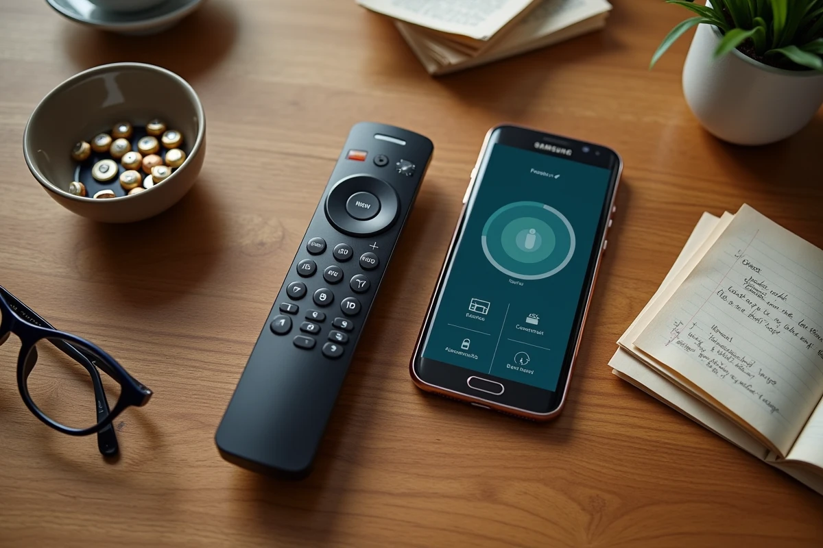 Vue de dessus d'une télécommande Free déchargée posée à côté d'un smartphone avec application télécommande sur table en bois