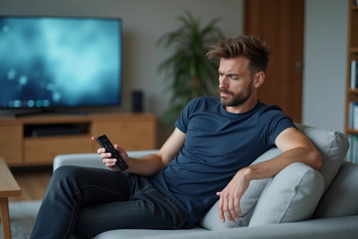 Homme frustré tenant une télécommande Free en panne et son smartphone comme solution de secours dans son salon