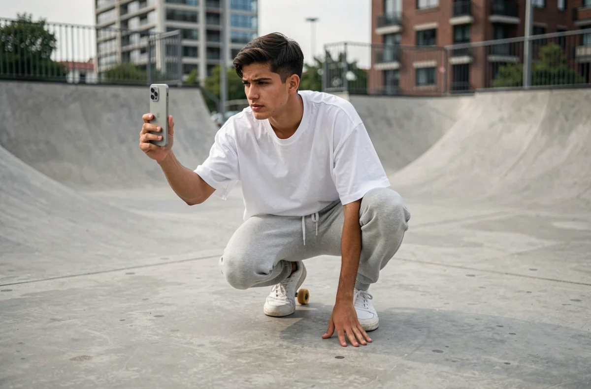 Jeune créateur testant la stabilisation vidéo du Samsung Galaxy S25 dans un skatepark urbain