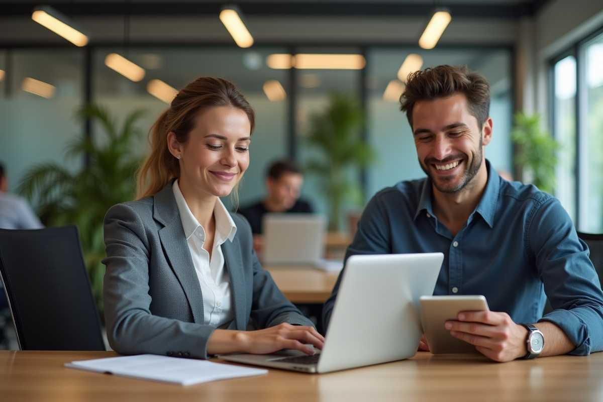 Deux professionnels travaillant avec laptops et tablettes