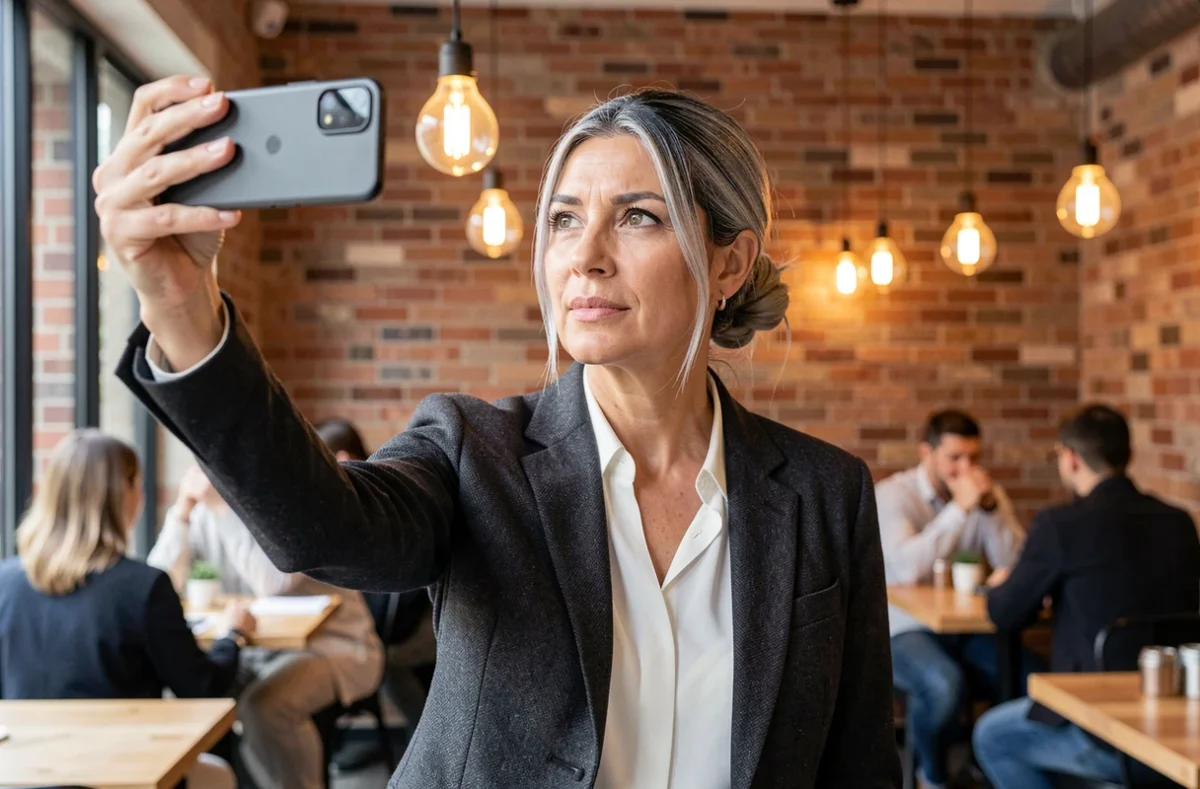 Femme utilisant le Google Pixel 9 pour prendre des photos dans un café urbain moderne