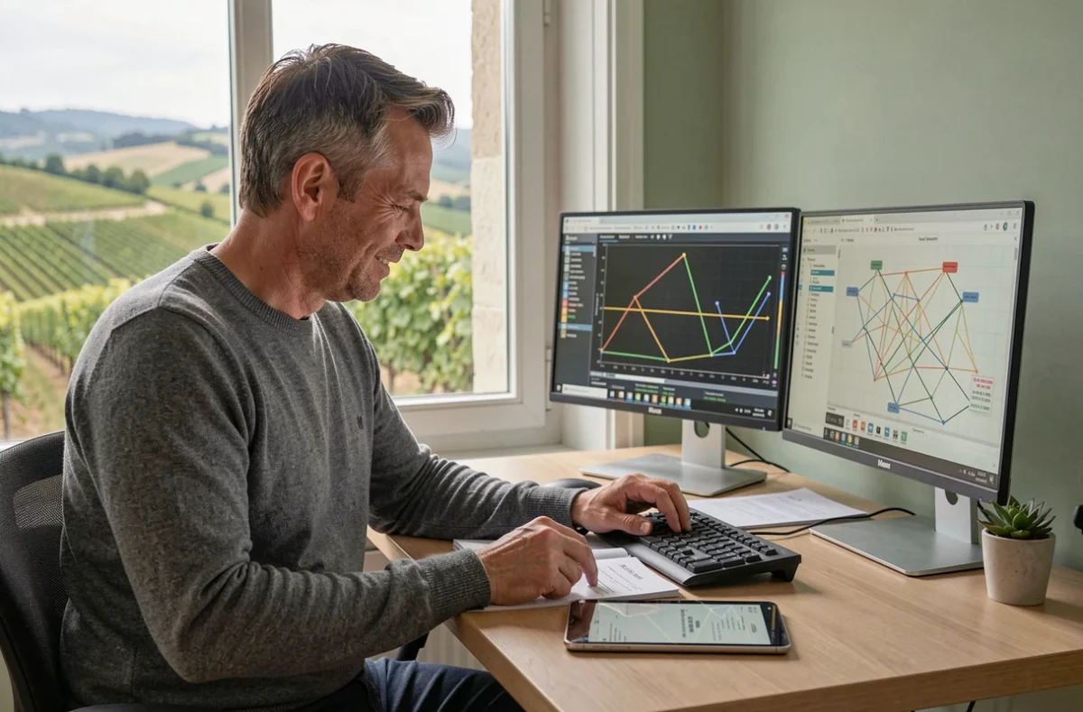 Consultant informatique VBAUDRY travaillant dans son bureau en Côte-d'Or avec vue sur les vignobles bourguignons