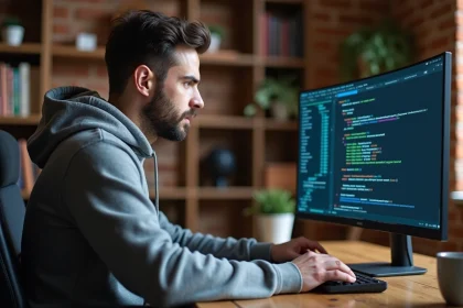Développeur vérifiant le bon fonctionnement de pip dans un terminal Python sur un écran ultrawide en bureau home office