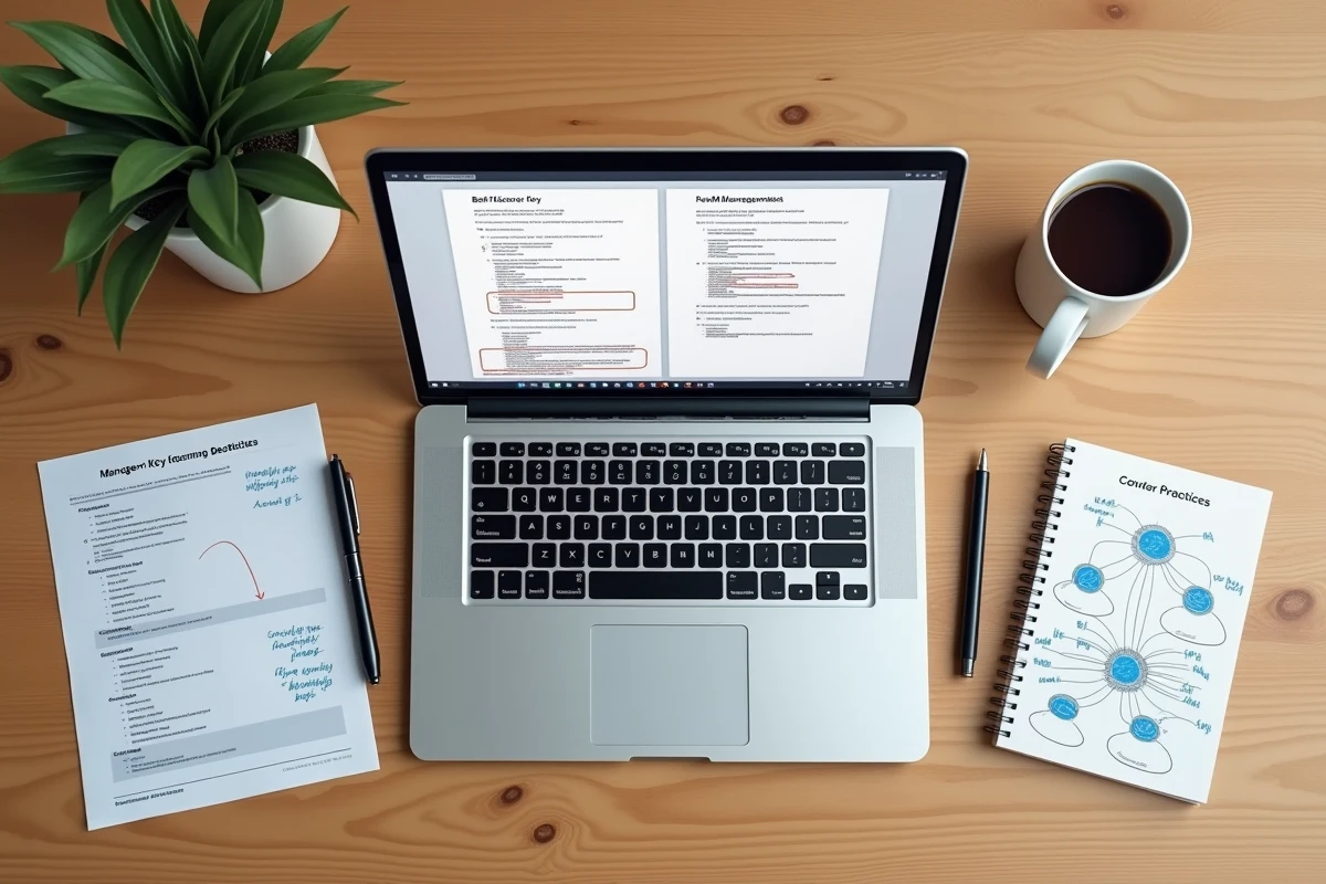 Vue aérienne d'un bureau avec comparaison des panneaux de licence FiveM et RedM sur ordinateur portable et documents annotés