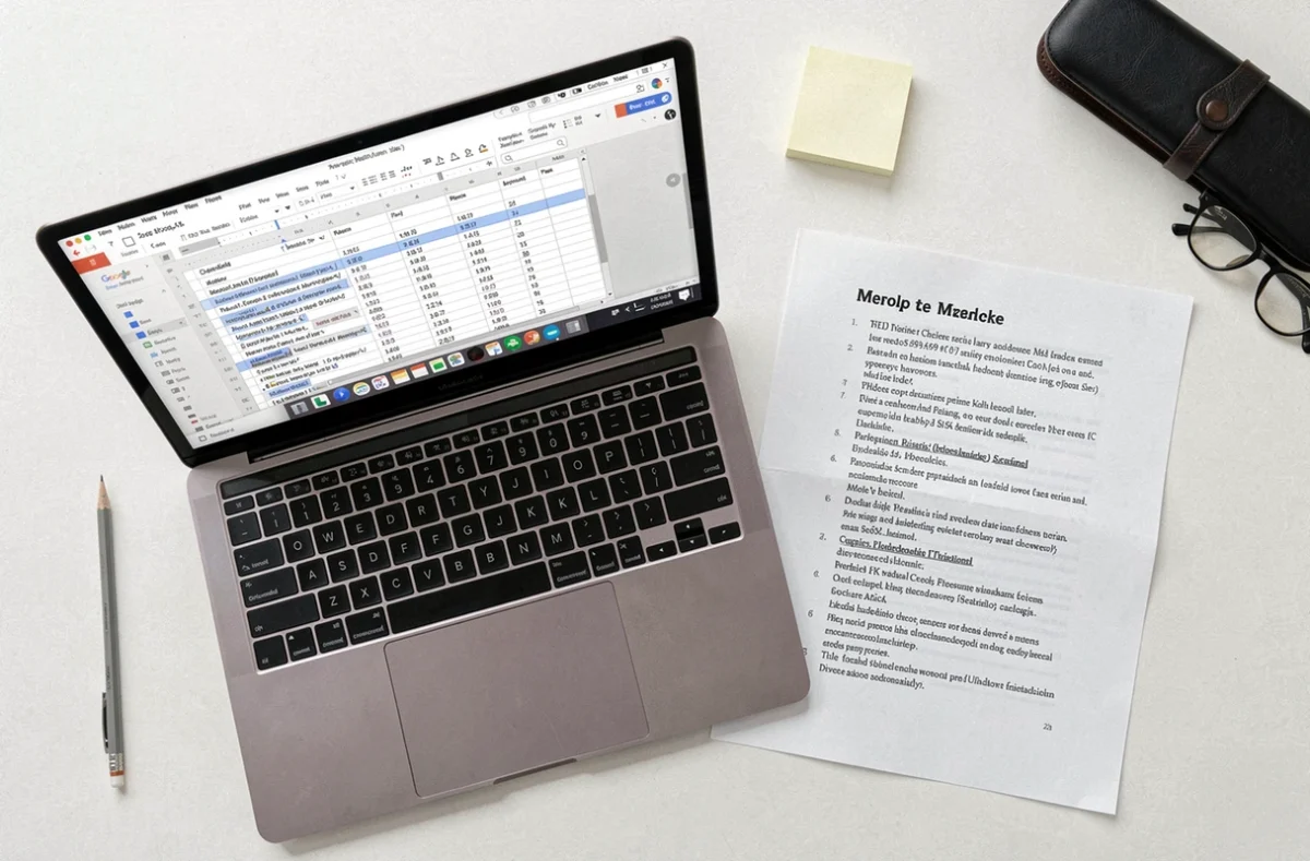 Vue de dessus d'un laptop affichant une table des matières Google Docs et son export PDF imprimé posé à côté