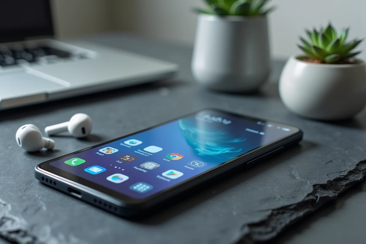 Vue à plat du Xiaomi 15 posé sur une surface en ardoise avec écouteurs et plante succulente