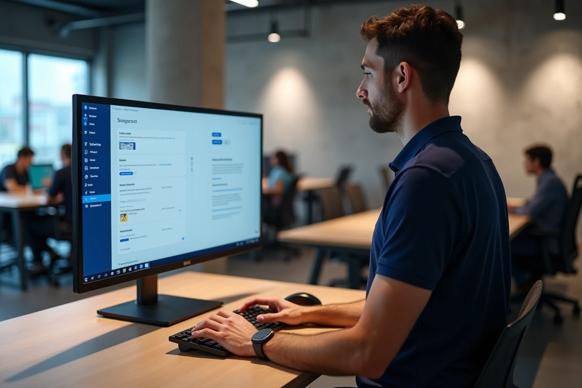 Professionnel configurant Webmail Amiens sur Outlook dans un espace de coworking moderne