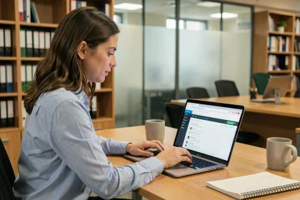 Femme utilisant le webmail de Toulouse sur un ordinateur portable dans un bureau universitaire moderne
