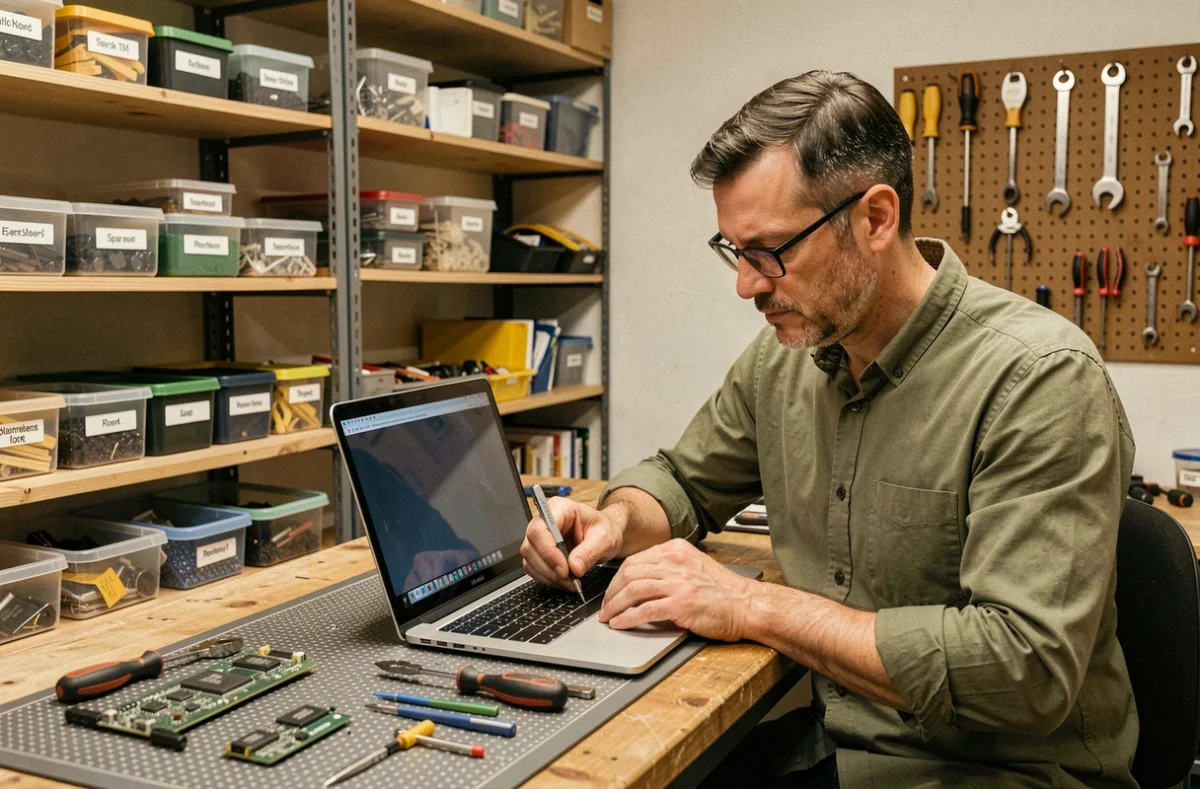 Technicien indépendant Xavier Informatique remplaçant l'écran d'un ordinateur portable dans son atelier près de Dijon