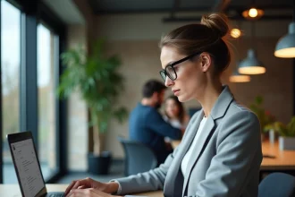 Femme utilisant Zimbra sur un ordinateur portable dans un bureau moderne à Lille en 2026