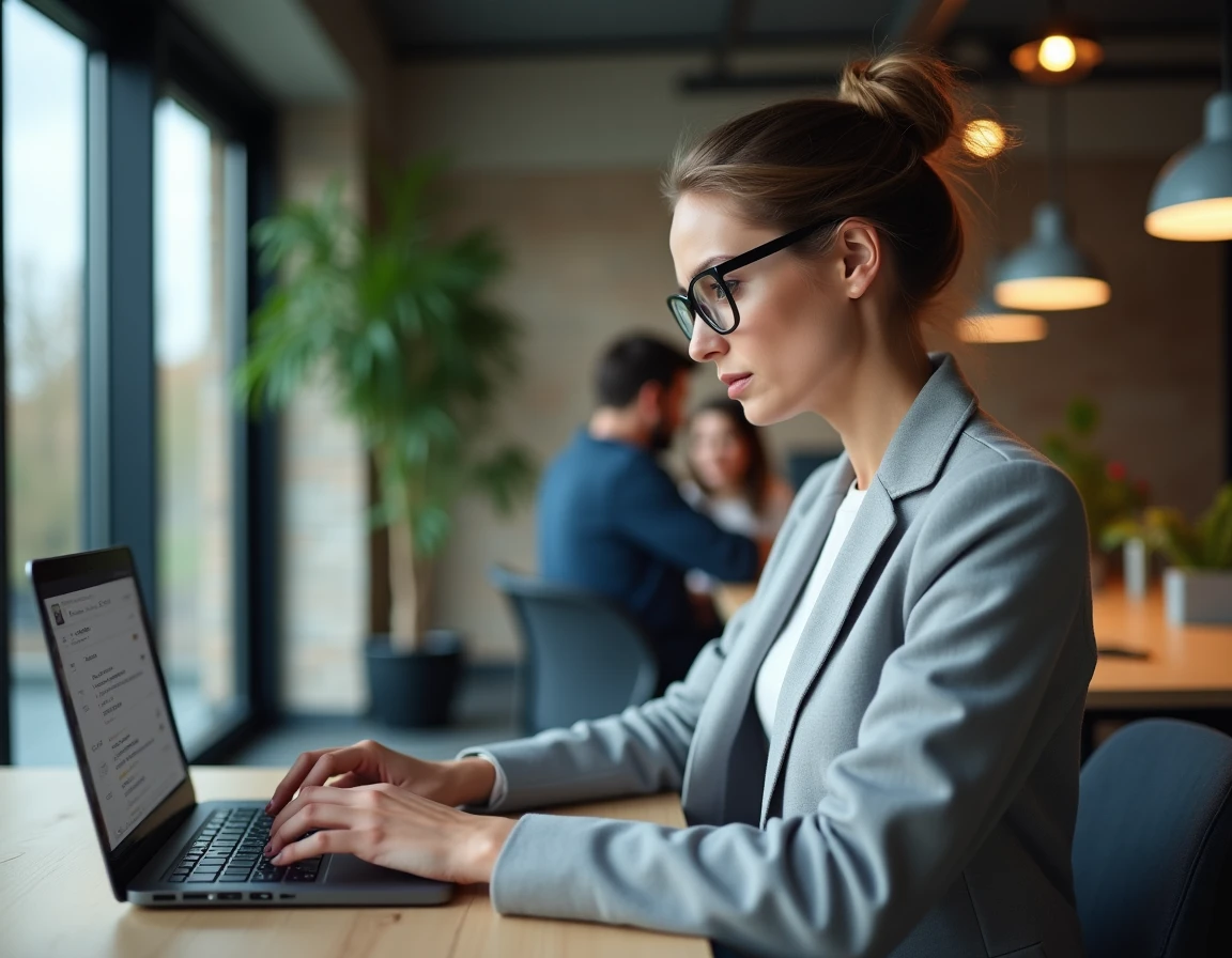 Femme utilisant Zimbra sur un ordinateur portable dans un bureau moderne à Lille en 2026
